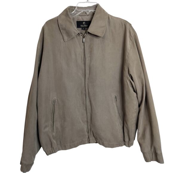 M791)Gary Player Tan Faux Suede Golf Full Zip Long Sleeve Large Bomber Jacket - Picture 2 of 11